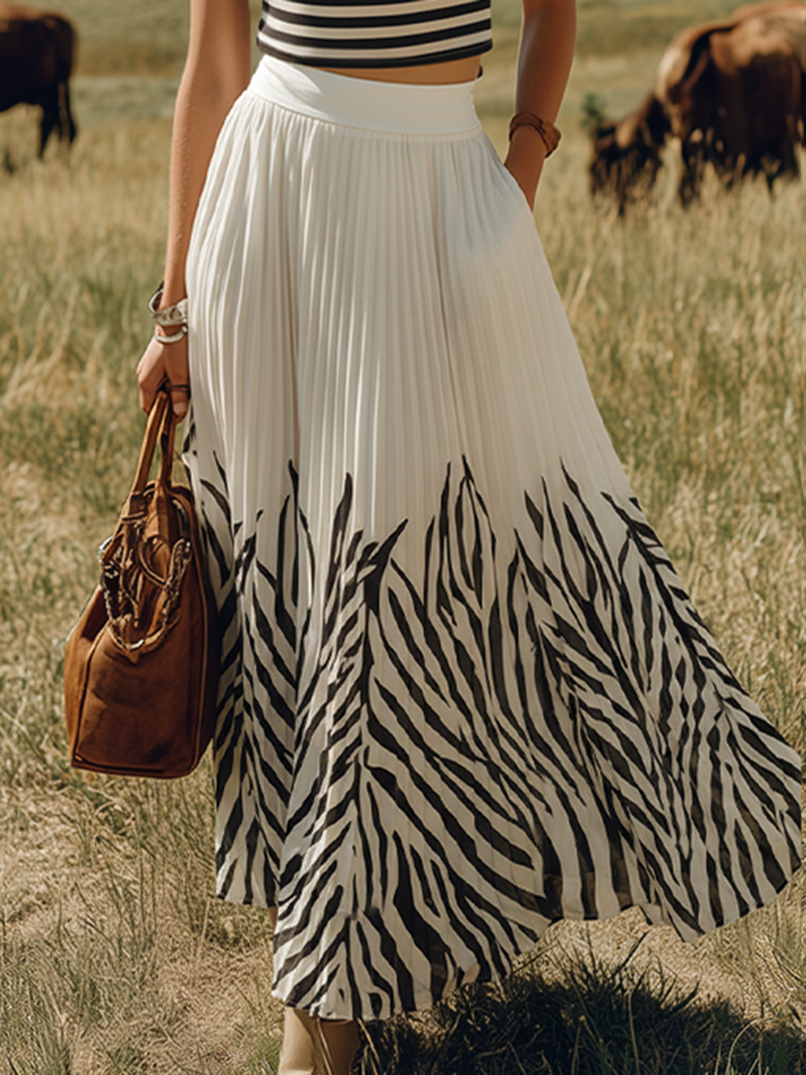 Bohemian-style Sleeveless Striped Top and Printed Colour-blocked Chiffon Skirt Set