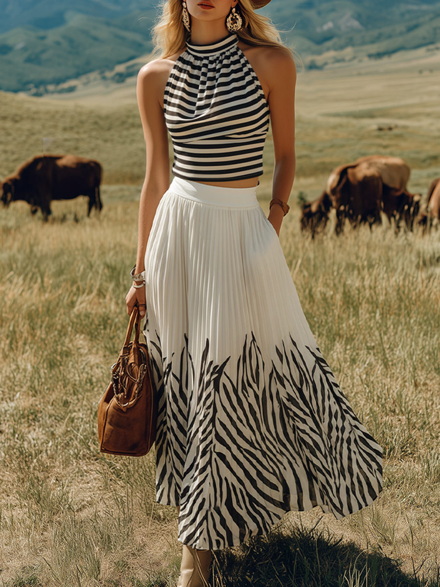 Bohemian-style Sleeveless Striped Top and Printed Colour-blocked Chiffon Skirt Set