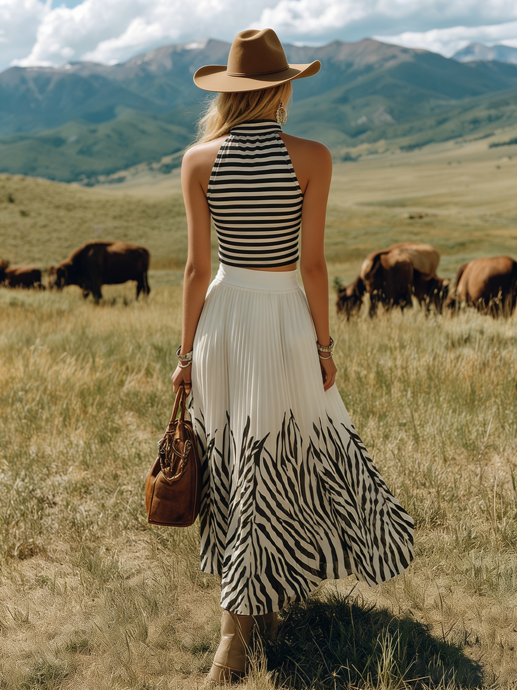 Bohemian-style Sleeveless Striped Top and Printed Colour-blocked Chiffon Skirt Set