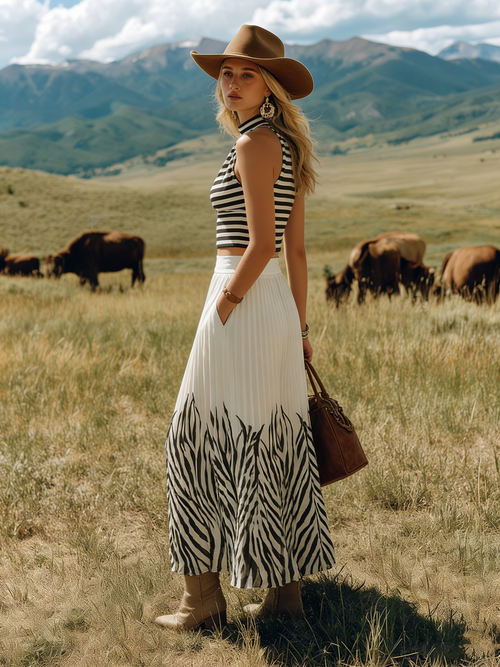 Bohemian-style Sleeveless Striped Top and Printed Colour-blocked Chiffon Skirt Set