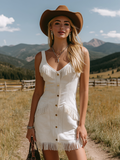 Bohemian-Style V-Neck Tassel Sleeveless Solid-Colour Faux Suede Mini Dress