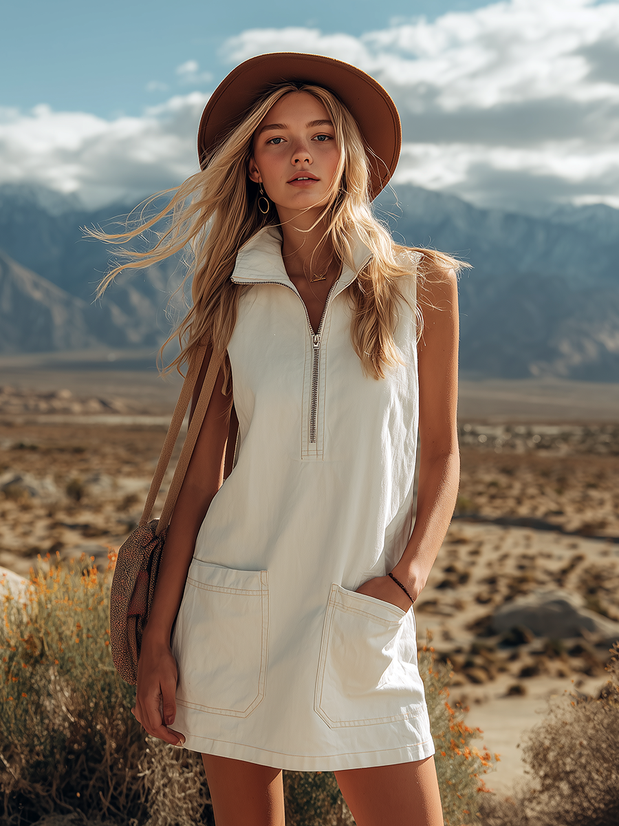 Casual and Stylish Collared Zipper Sleeveless Pocket Solid Colour Mini Dress