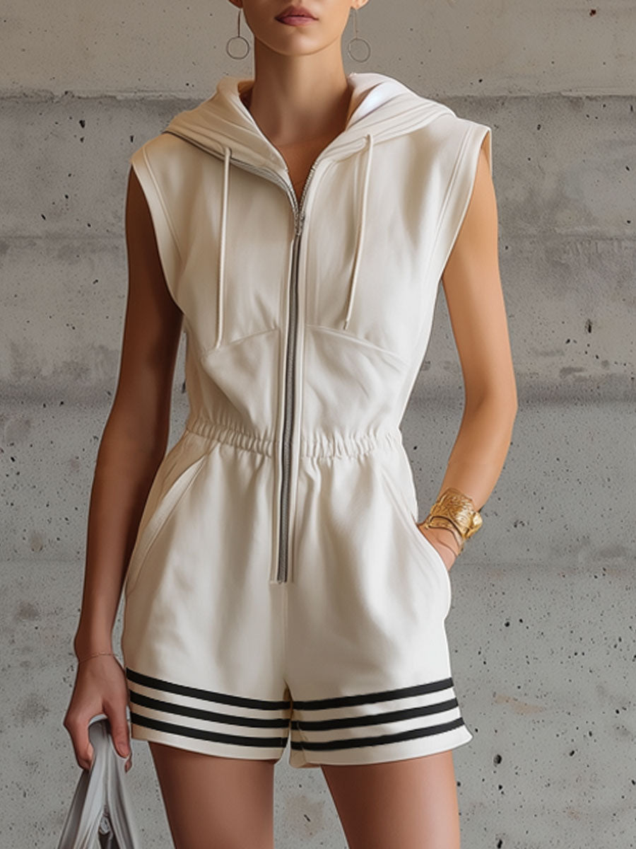 Sporty Retro Striped Misty White Cotton Sleeveless Hooded Jumpsuit