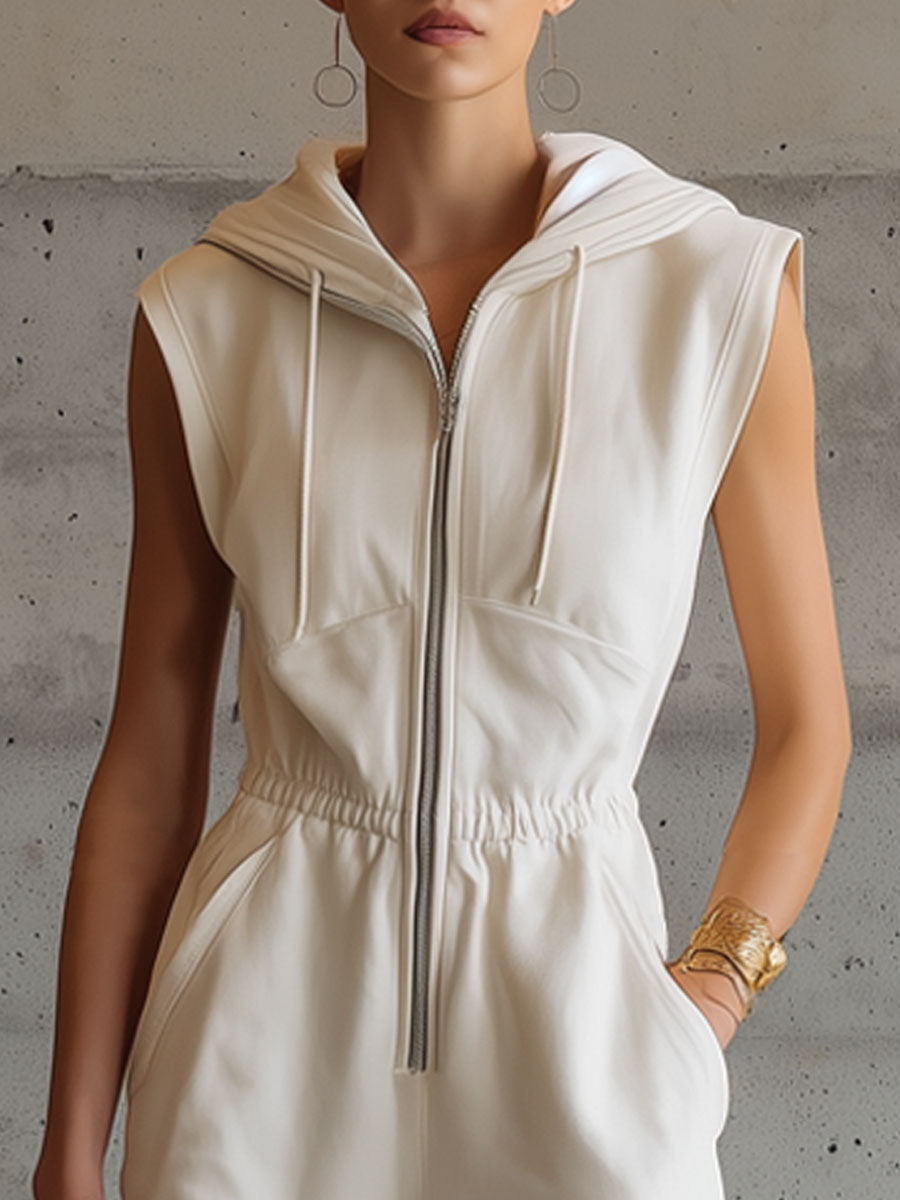 Sporty Retro Striped Misty White Cotton Sleeveless Hooded Jumpsuit