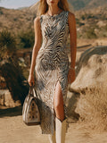 Western Retro Zebra Print Sleeveless Round Neck Slit Chiffon Midi Dress