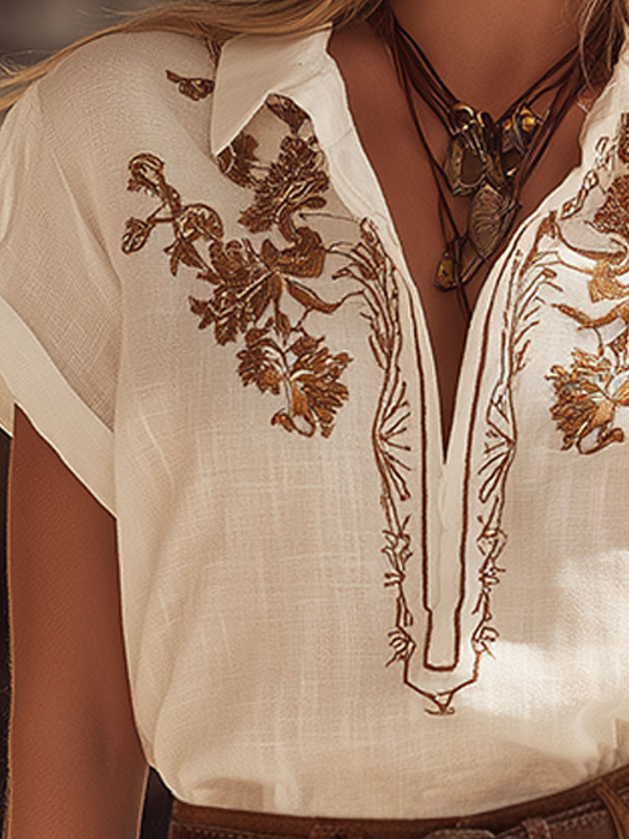 Retro Embroidered White Cotton-Linen Top And Brown Fringed Faux Suede Shorts Set