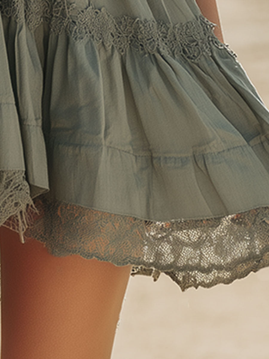 Western Retro Lace Green Ruffled Sleeveless V-Neck Mini Dress