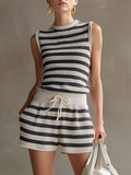 Casual Retro Black And White Striped Knit Sleeveless Top And Shorts Set