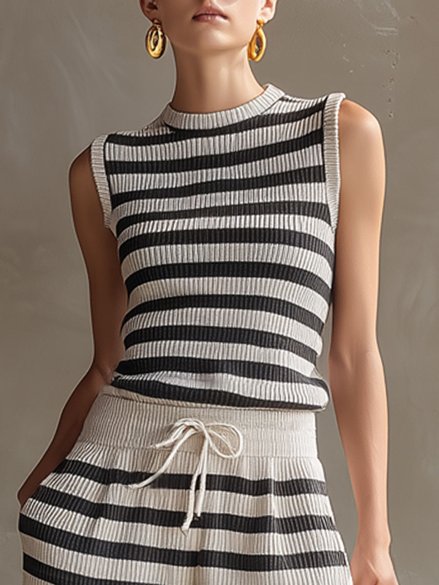 Casual Retro Black And White Striped Knit Sleeveless Top And Shorts Set
