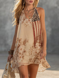 Retro Bohemian Beige Chiffon Printed Mini Dress