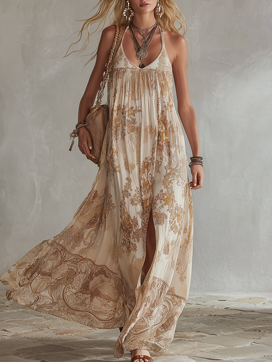 Retro Bohemian Beige Floral Print Flowing Chiffon Maxi Dress