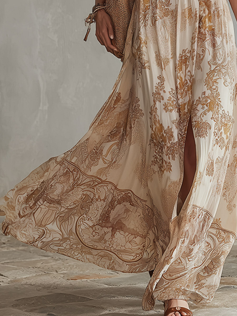 Retro Bohemian Beige Floral Print Flowy Chiffon Maxi Dress