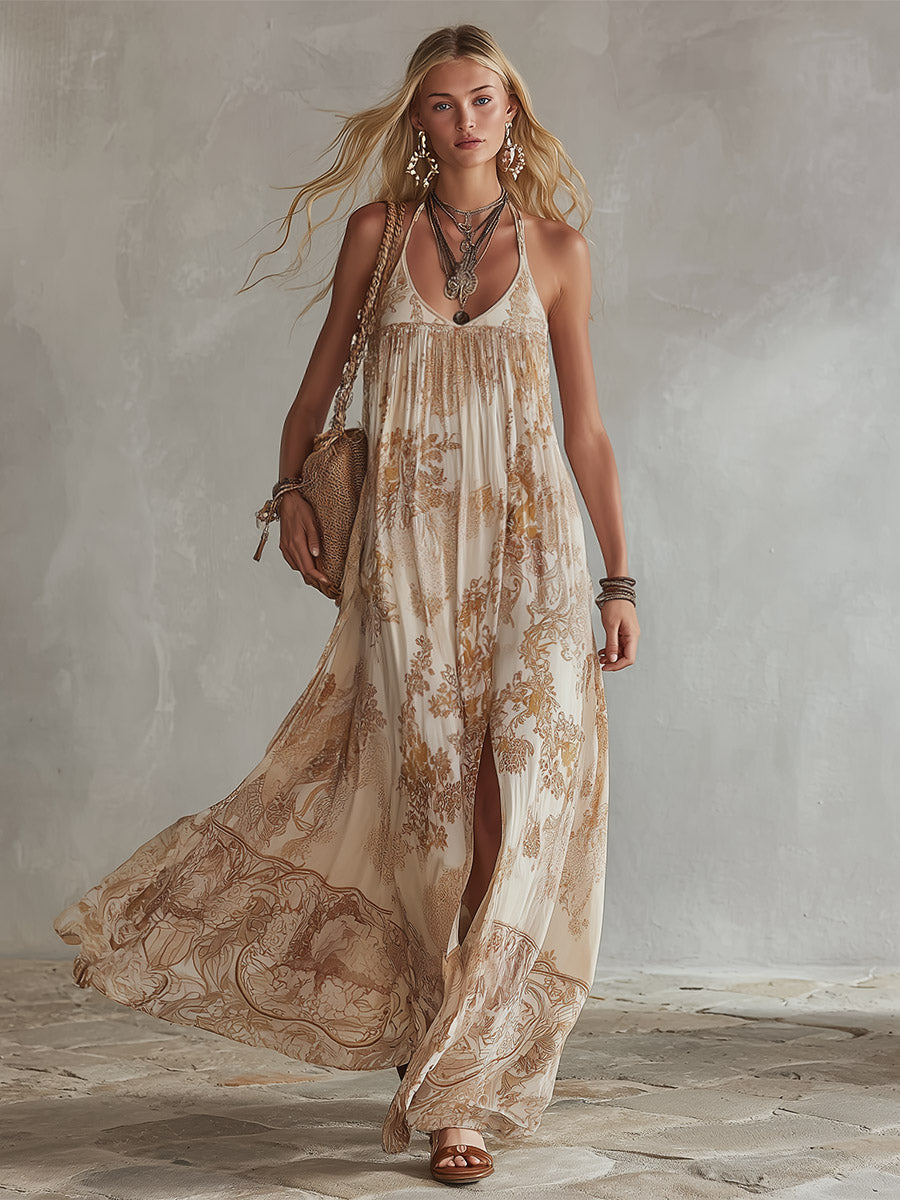 Retro Bohemian Beige Floral Print Flowing Chiffon Maxi Dress