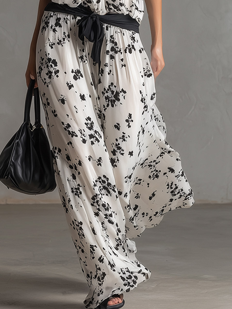 Elegant Silhouette White Floral-Print Chiffon Sleeveless Jumpsuit