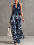 Fashionable Retro Art Tie-dye Dark Blue Chiffon Shirt and Wide-leg Pants Set
