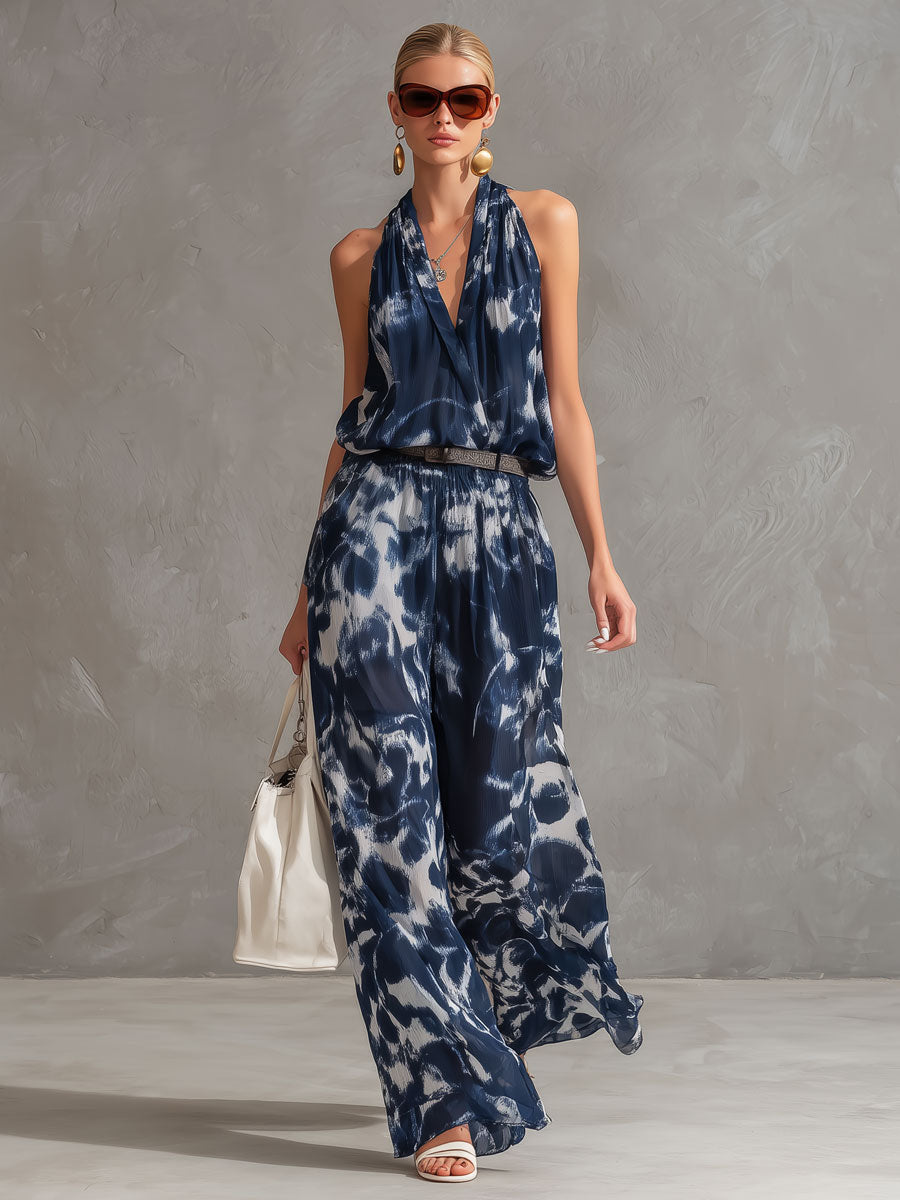 Fashionable Retro Art Tie-dye Dark Blue Chiffon Shirt and Wide-leg Trousers Set