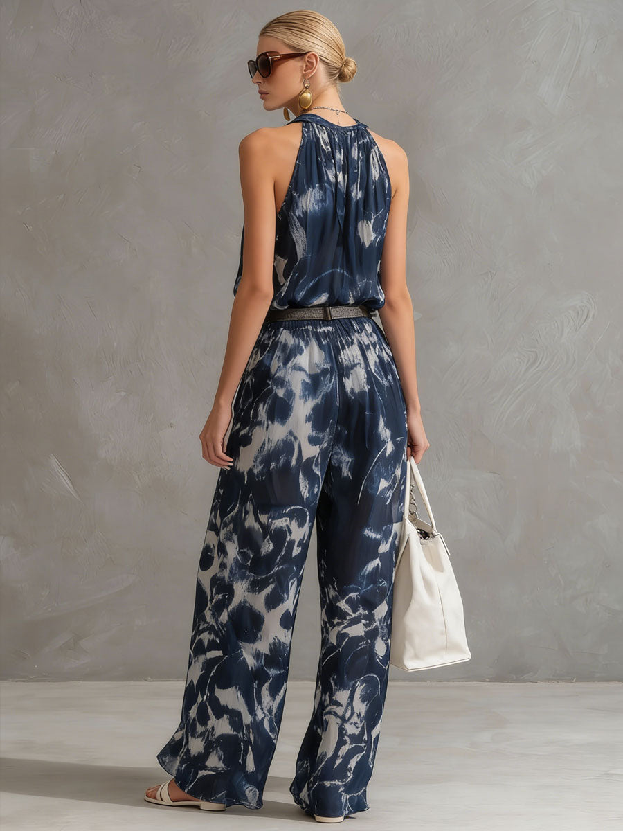 Fashionable Retro Art Tie-dye Dark Blue Chiffon Shirt and Wide-leg Trousers Set
