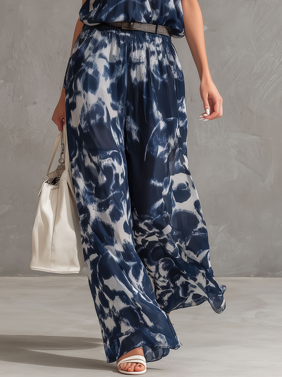 Fashionable Retro Art Tie-dye Dark Blue Chiffon Shirt and Wide-leg Trousers Set