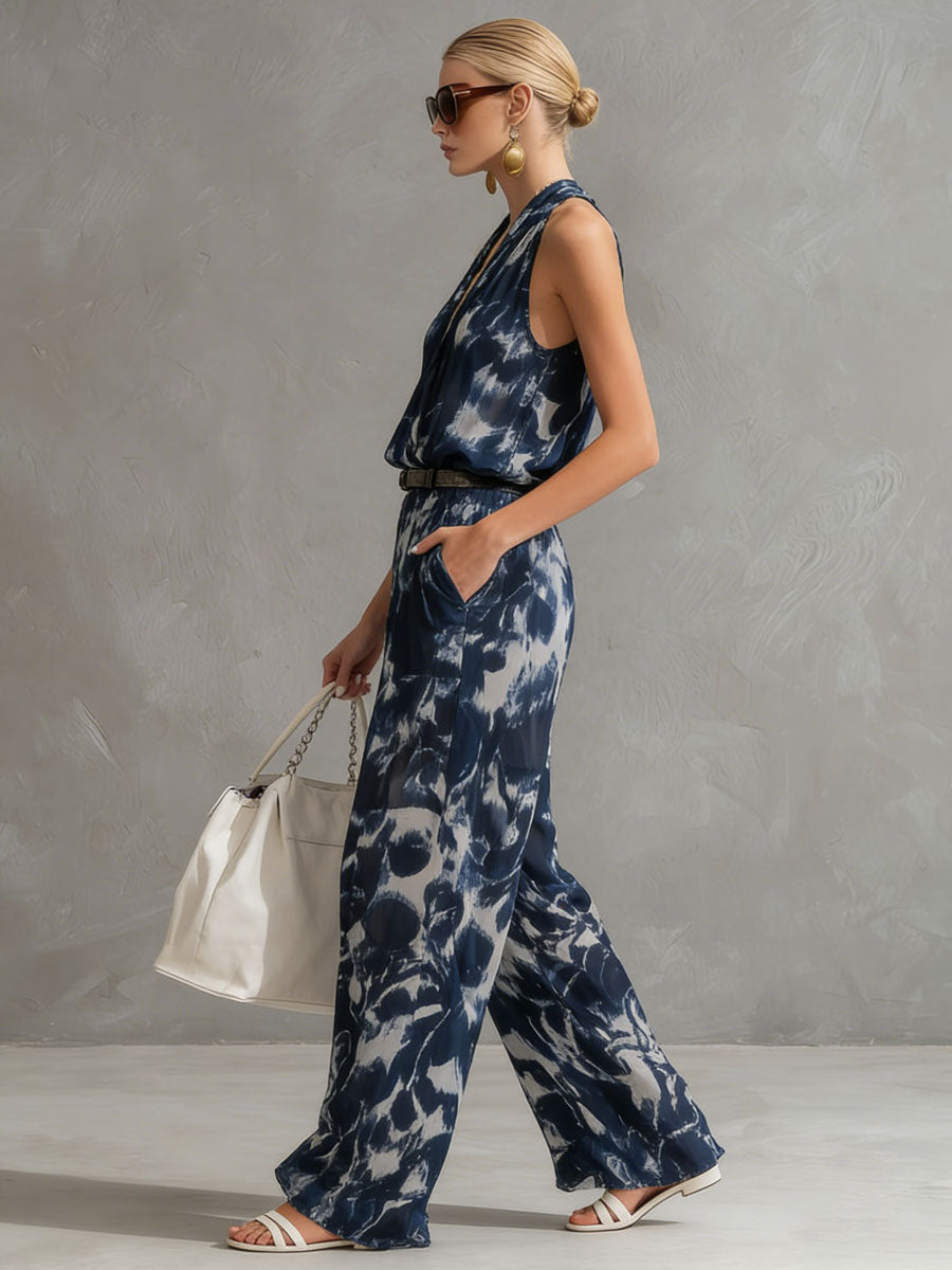 Fashionable Retro Art Tie-dye Dark Blue Chiffon Shirt and Wide-leg Trousers Set