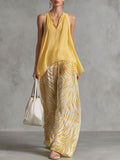 Fashionable Retro Yellow Chiffon Sleeveless Shirt and Zebra-print Wide-leg Trousers Set