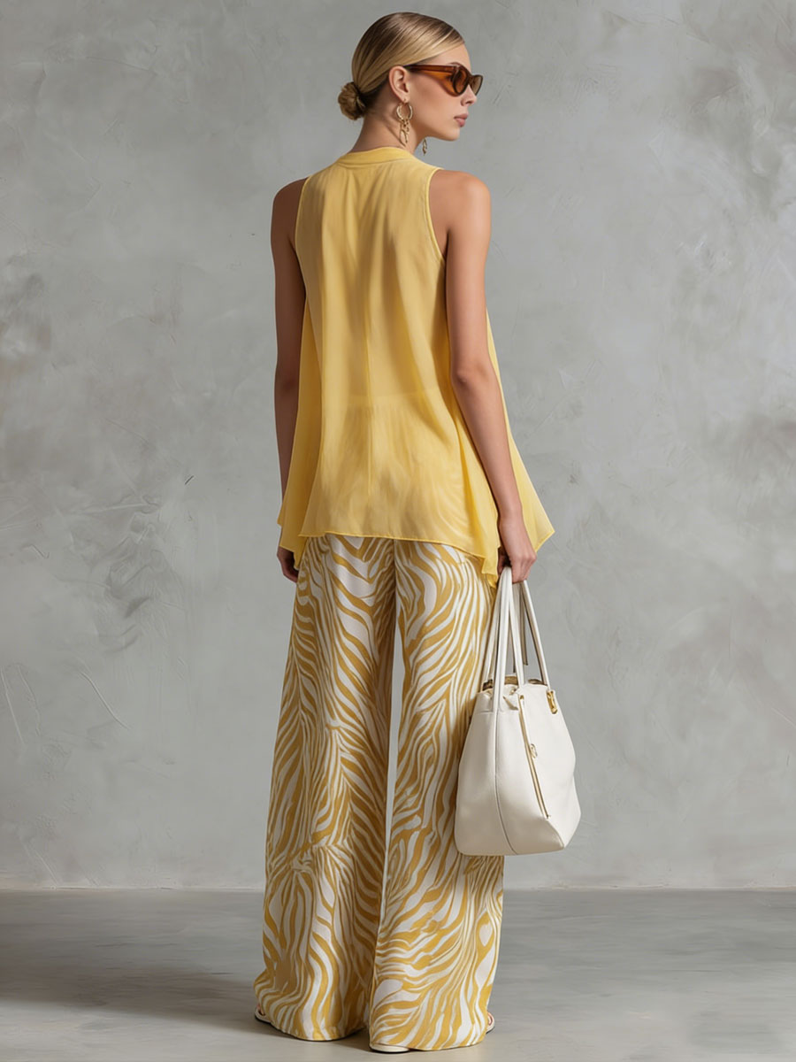 Fashionable Retro Yellow Chiffon Sleeveless Shirt and Zebra-print Wide-leg Pants Set