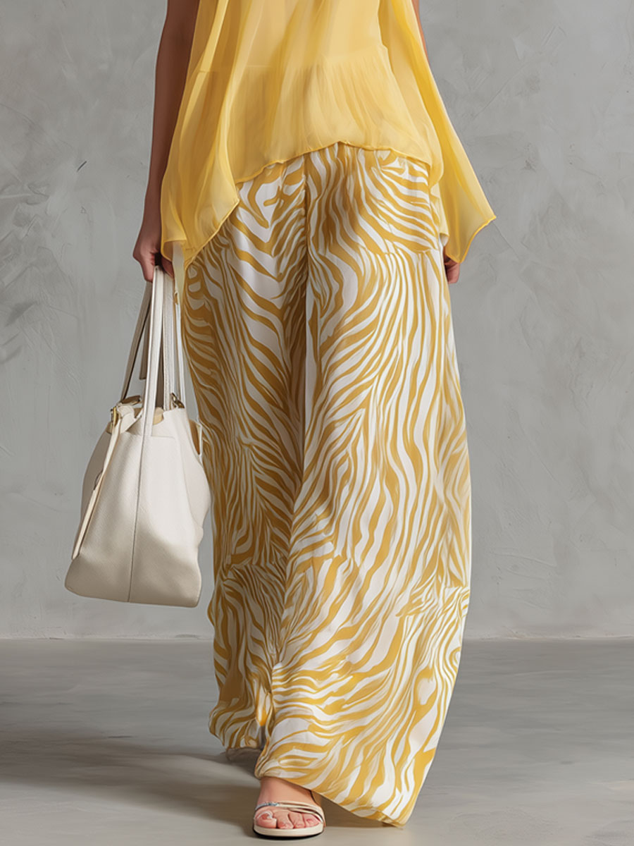 Fashionable Retro Yellow Chiffon Sleeveless Shirt and Zebra-print Wide-leg Pants Set