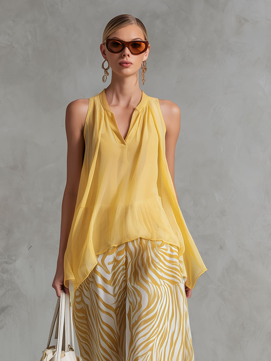 Fashionable Retro Yellow Chiffon Sleeveless Shirt and Zebra-print Wide-leg Trousers Set