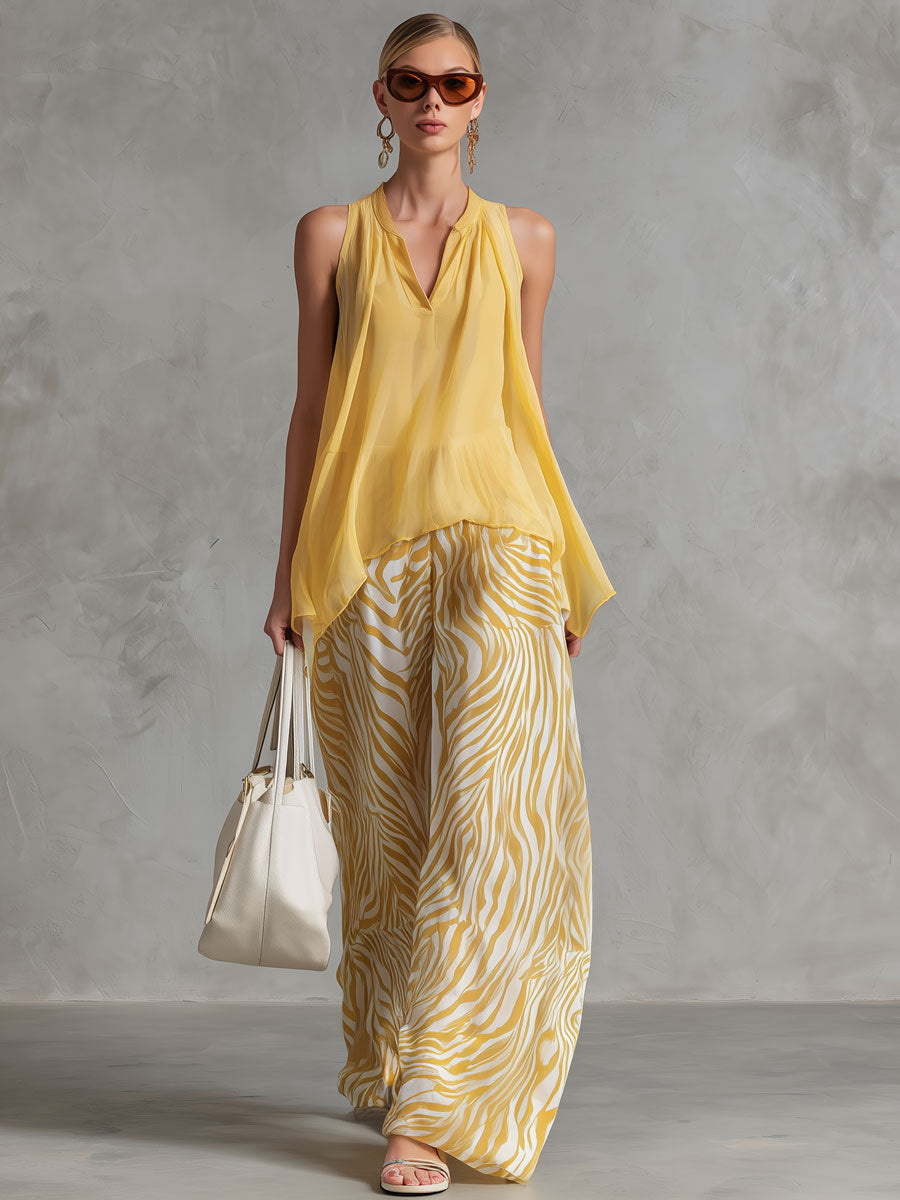 Fashionable Retro Yellow Chiffon Sleeveless Shirt and Zebra-print Wide-leg Trousers Set