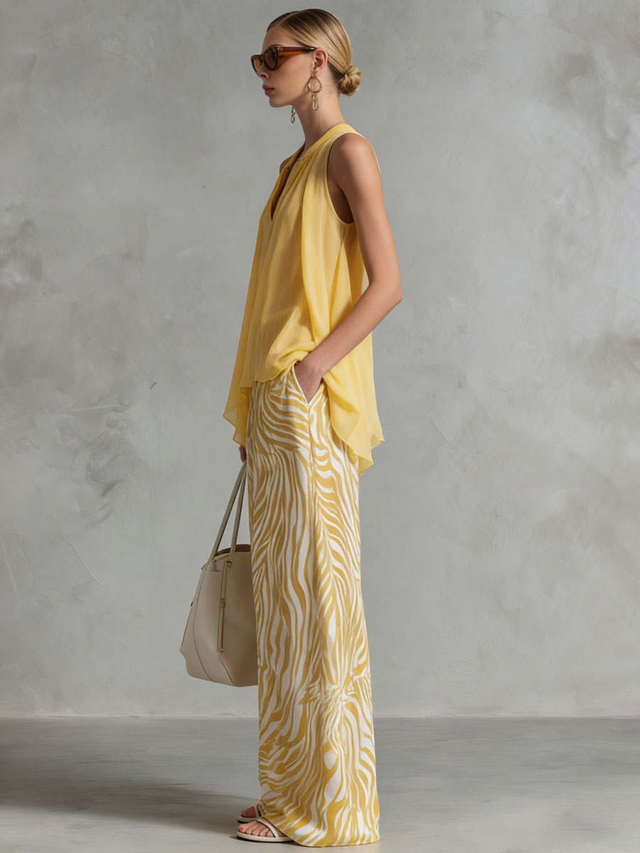 Fashionable Retro Yellow Chiffon Sleeveless Shirt and Zebra-print Wide-leg Pants Set