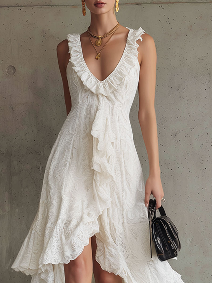 Western Bohemian Vintage White Lace Ruffled Sleeveless Maxi Dress