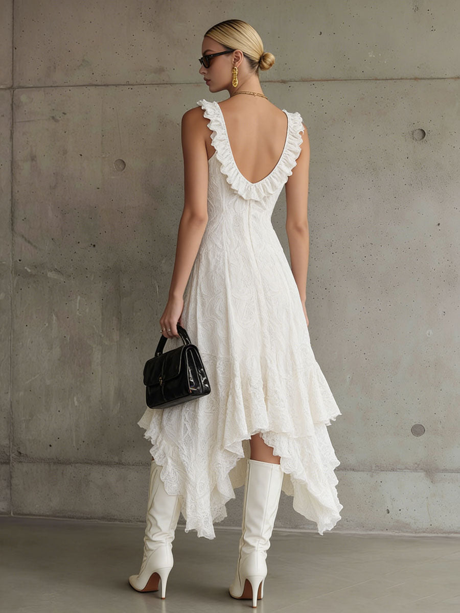 Western Bohemian Vintage White Lace Ruffled Sleeveless Maxi Dress