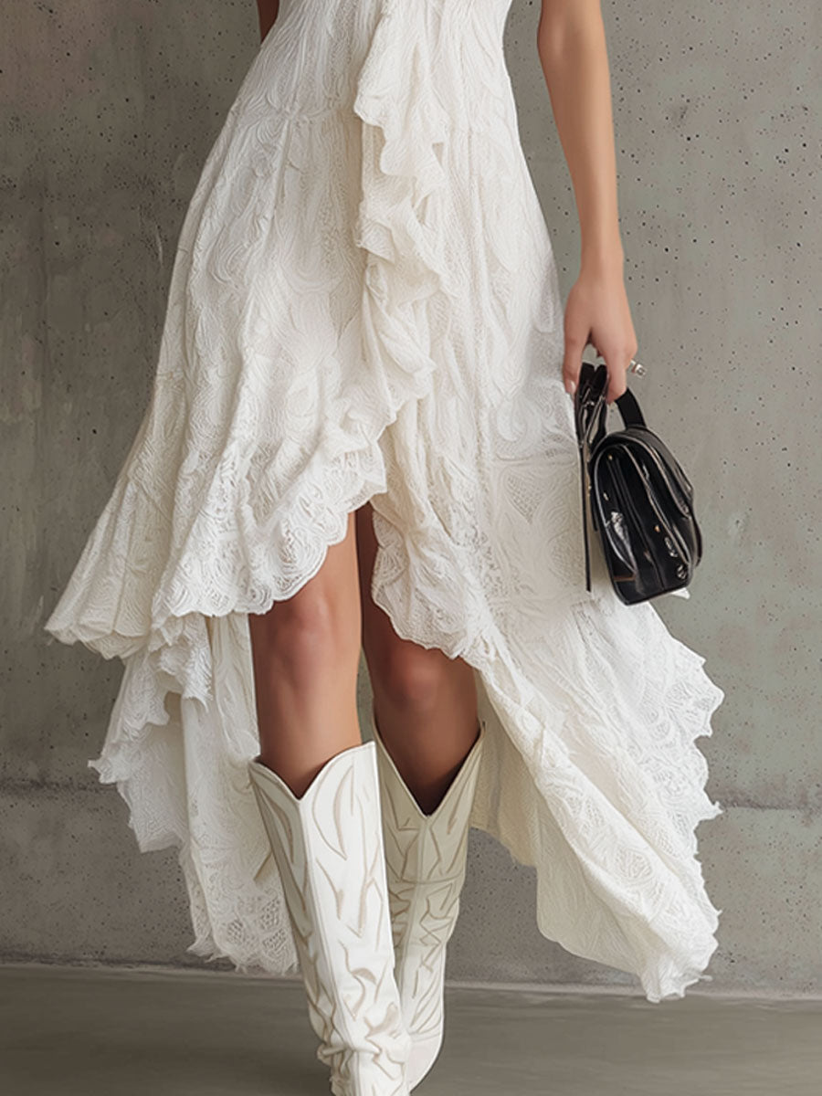 Western Bohemian Vintage White Lace Ruffled Sleeveless Maxi Dress