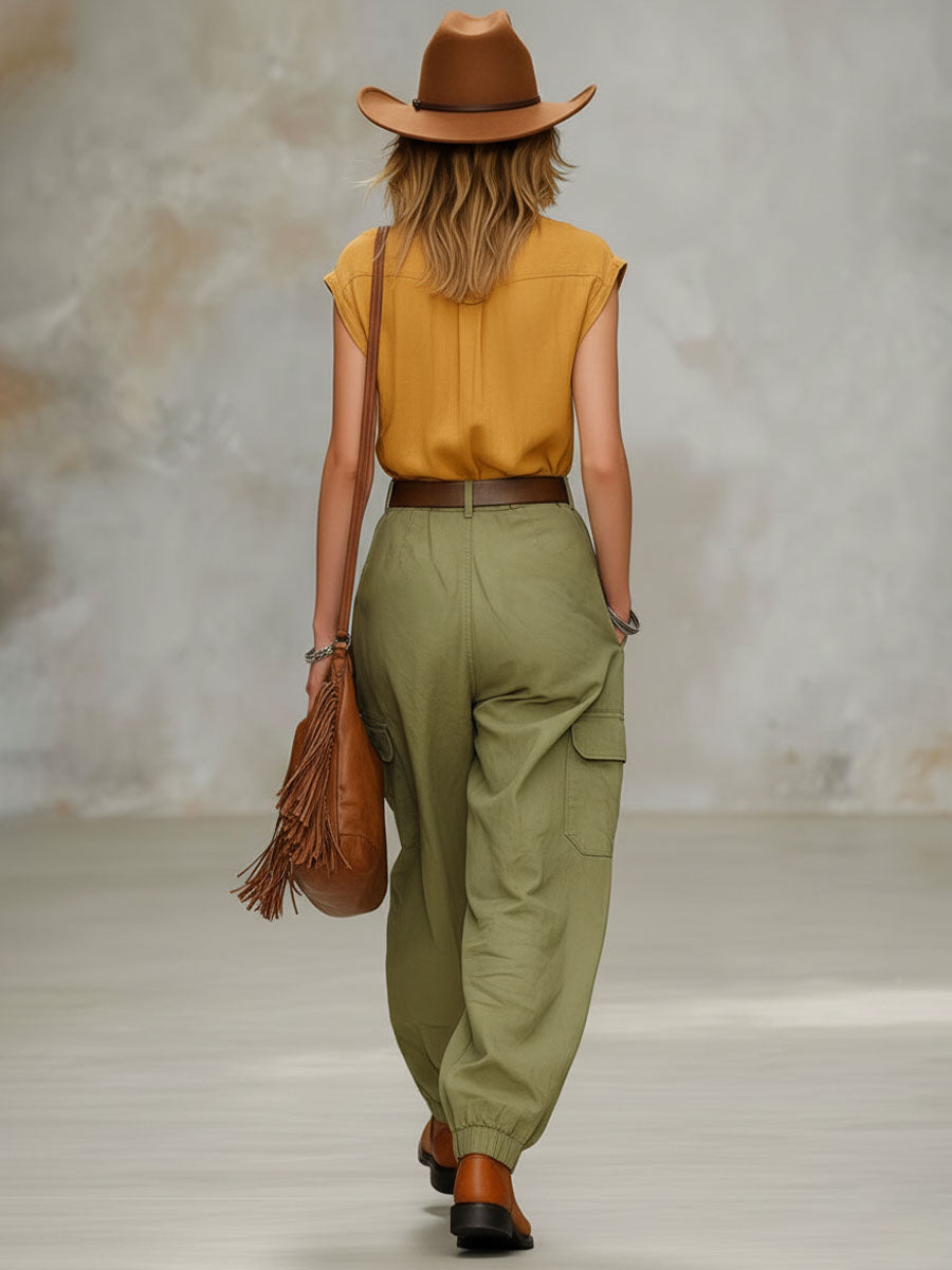 Retro Short-Sleeved Shirt and Multi-Pocket Trousers Set