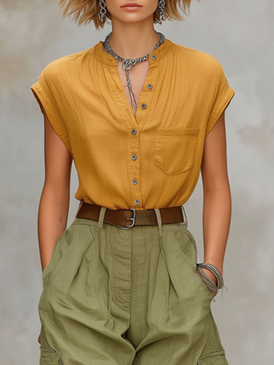 Retro Short-sleeved Shirt and Multi-pocket Trousers Set