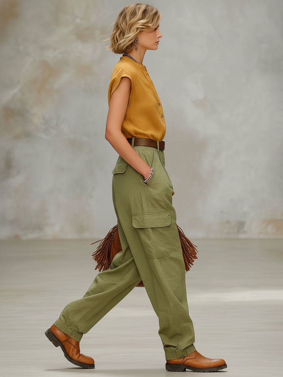 Retro Short-sleeved Shirt and Multi-pocket Trousers Set