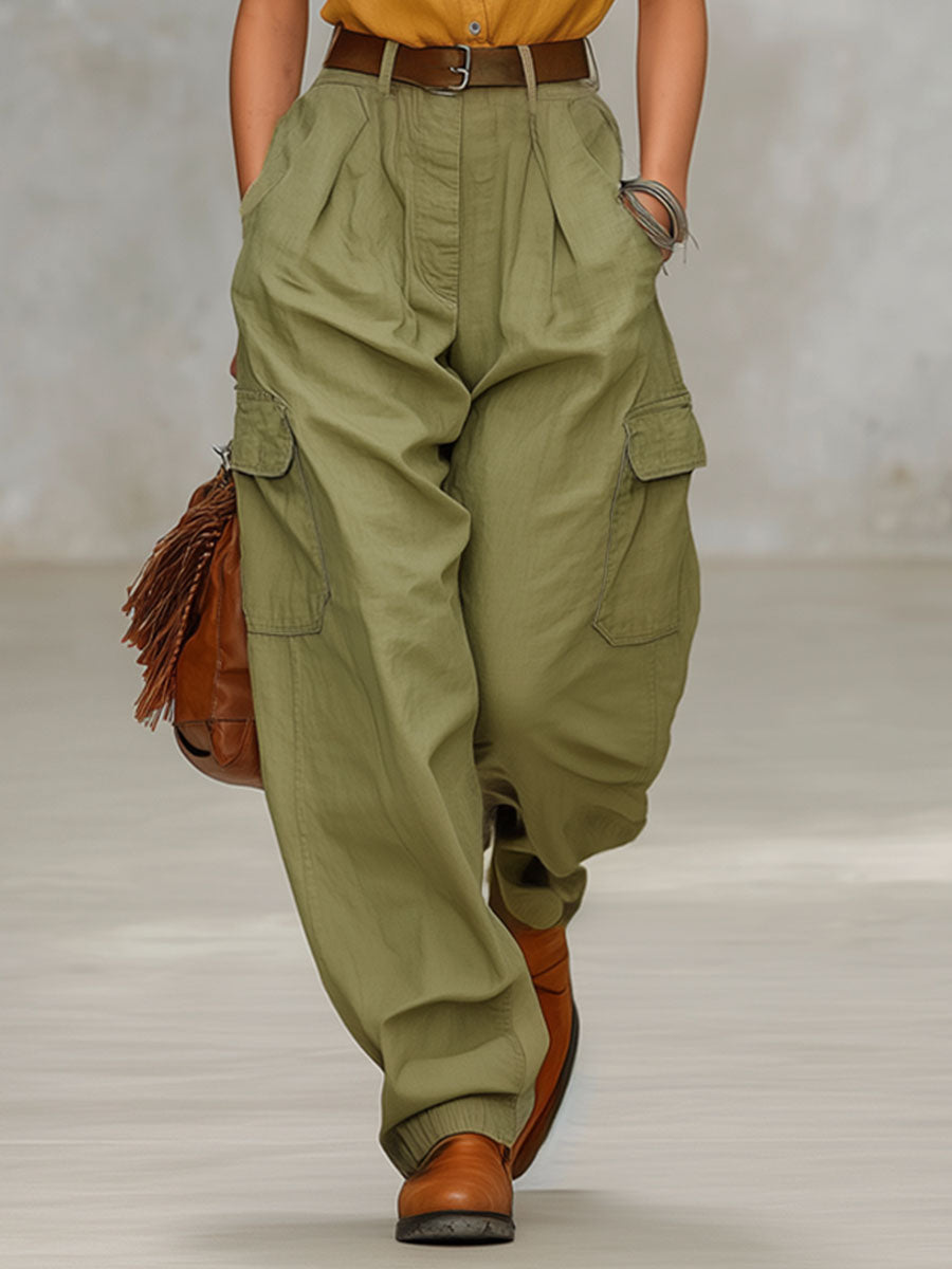 Retro Short-Sleeved Shirt and Multi-Pocket Trousers Set