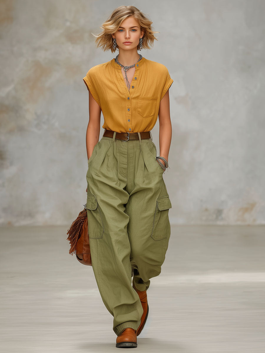 Retro Short-sleeved Shirt and Multi-pocket Trousers Set