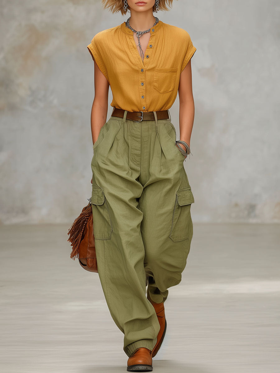 Retro Short-Sleeved Shirt and Multi-Pocket Trousers Set