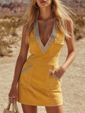 Chic Western-Style Sequin Trim Multiple Pockets Denim Mini Dress