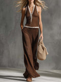 Elegant Retro Vacation Brown Lace V-Neck Open-Knit Top And Maxi Skirt Set