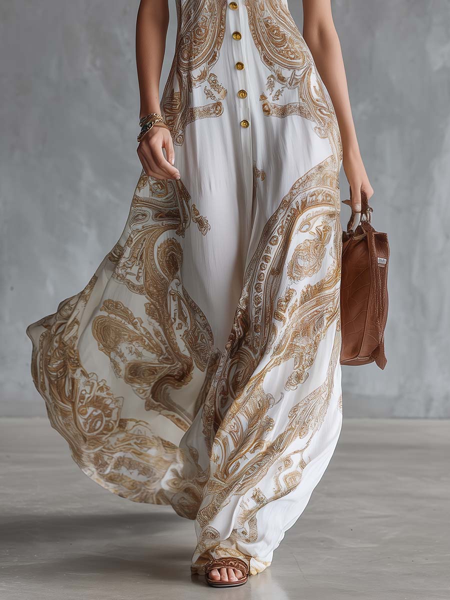 Vintage Western Collared Button-Front Paisley-Print White Chiffon Maxi Dress