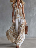 Vintage Western Collared Button-Front Paisley-Print White Chiffon Maxi Dress