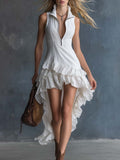 Elegant Western V-Neck Front Zip High-Low Ruffled Hem White Lace Midi Dress