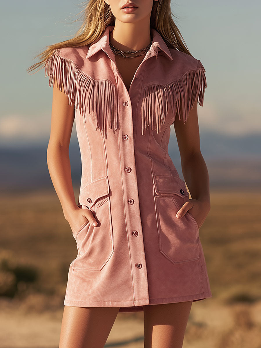 Western Retro Pink Fringed Collar Button-Down Mini Dress