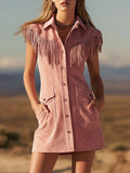 Western Retro Pink Fringed Collar Button-down Mini Dress