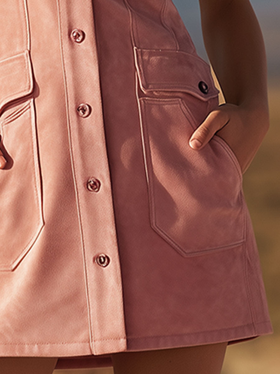 Western Retro Pink Fringed Collar Button-Down Mini Dress