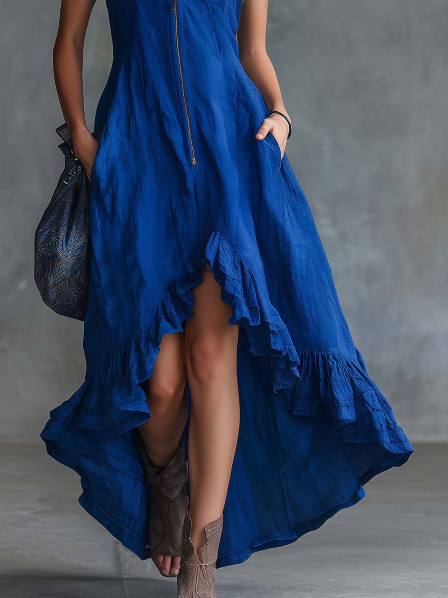 Vintage Casual Lapel Front Zipper High-Low Ruffled Hem Royal Blue Cotton-Linen Midi Dress