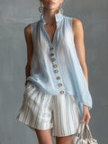 Elegant Casual Light Blue Sleeveless Shirt and Striped Shorts Cotton-Linen Set
