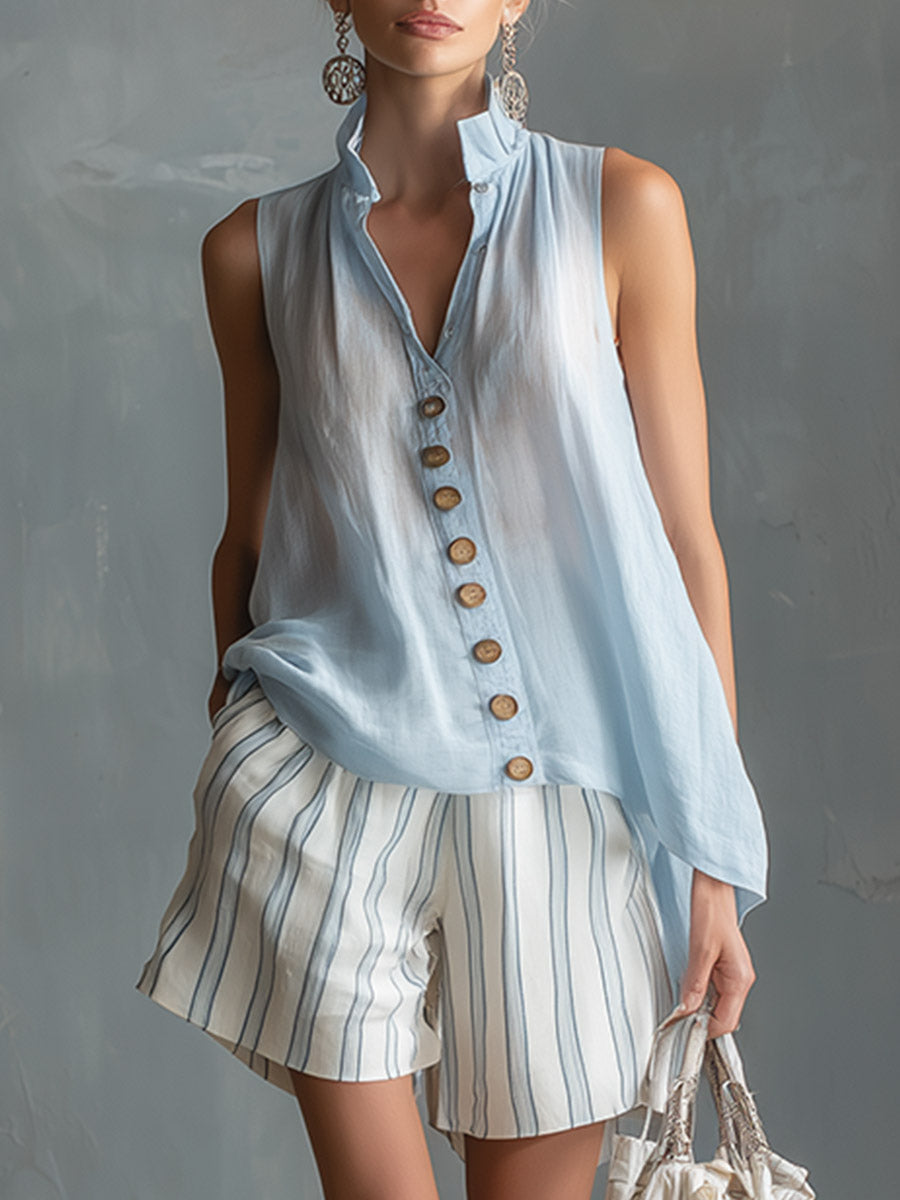 Elegant Casual Light Blue Sleeveless Shirt and Striped Shorts Cotton-Linen Set