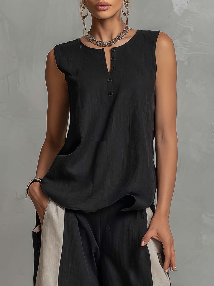 Retro Casual Sleeveless Round Neck Top and Colour-blocked Capri Pants Set